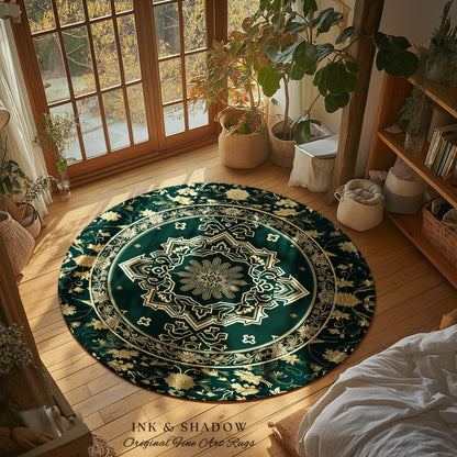 Eccentric Geometric Art Deco Rug | Rustic Gold Accent Design Bohemian Carpet Midnight Emerald Ornate Traditional Living Room Baroque Style |