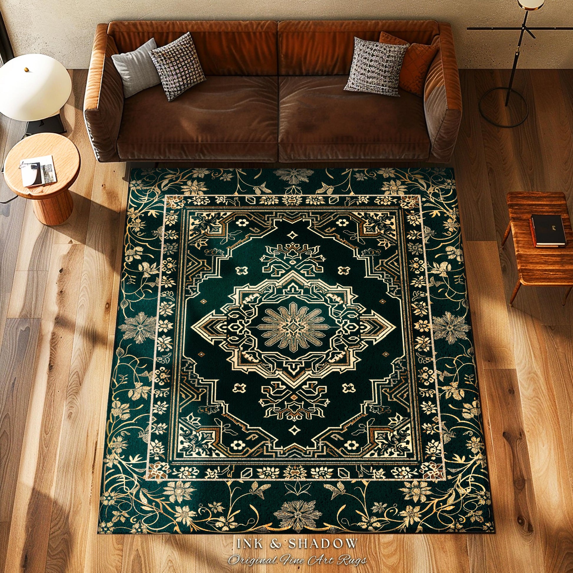 Eccentric Geometric Art Deco Rug | Rustic Gold Accent Design Bohemian Carpet Midnight Emerald Ornate Traditional Living Room Baroque Style |