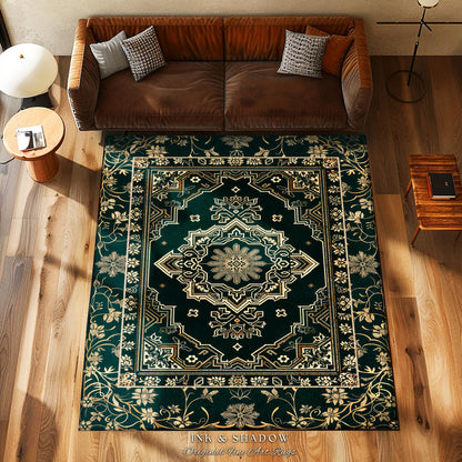 Eccentric Geometric Art Deco Rug | Rustic Gold Accent Design Bohemian Carpet Midnight Emerald Ornate Traditional Living Room Baroque Style |