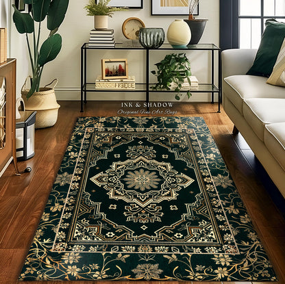 Eccentric Geometric Art Deco Rug | Rustic Gold Accent Design Bohemian Carpet Midnight Emerald Ornate Traditional Living Room Baroque Style |
