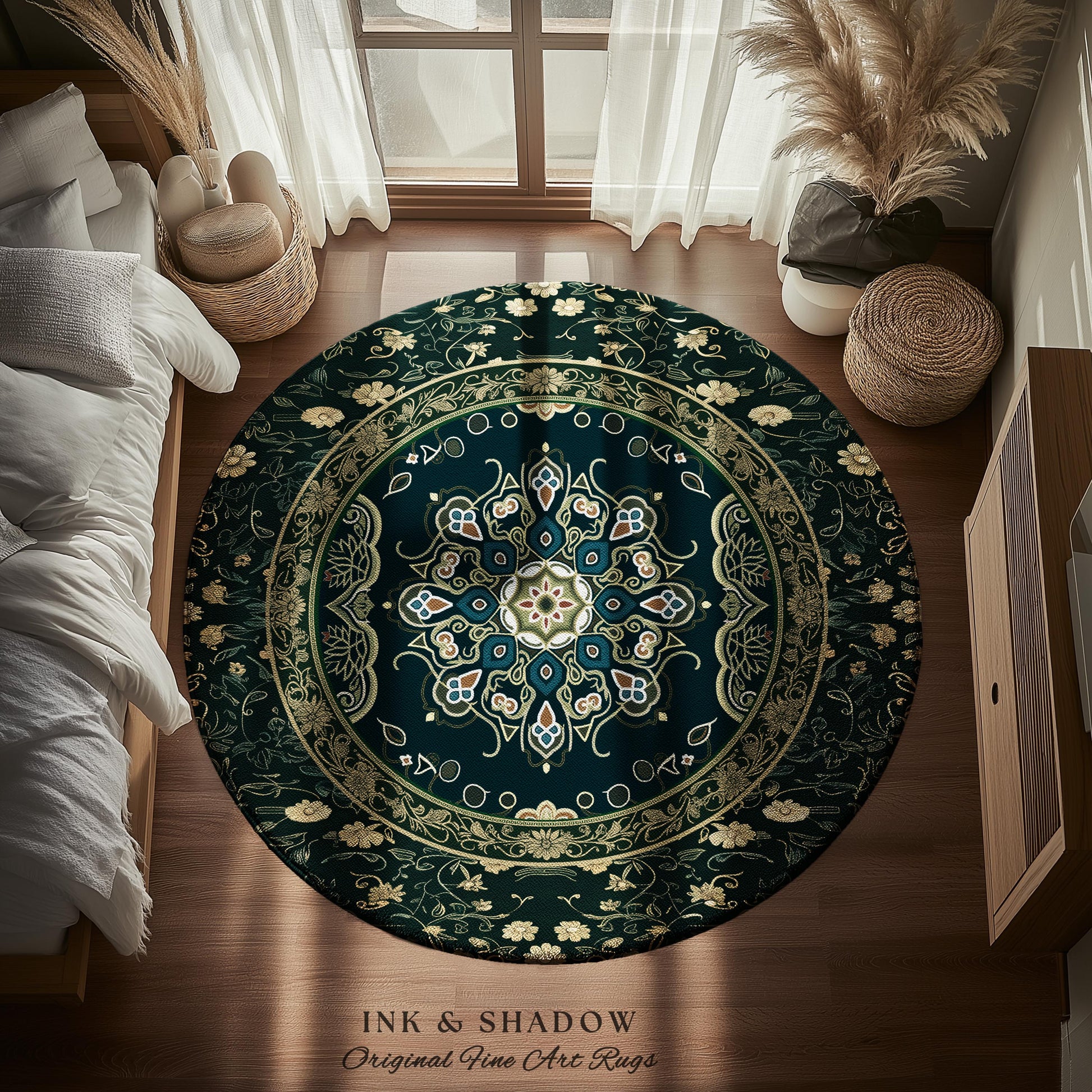 Whimsical Emerald Teal Gothic Accent Rug | Ornate Baroque Design Dark Academia Decor Art Deco Boho Maximalist Bedroom Rug Ethereal Style |