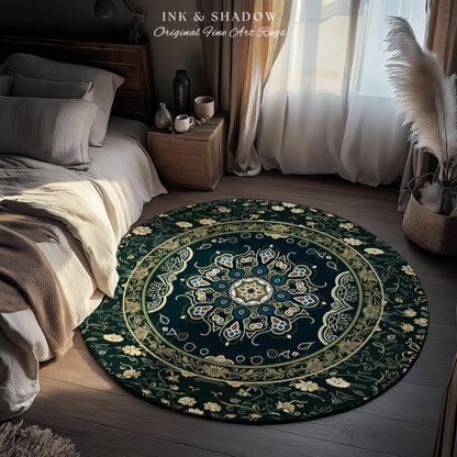 Whimsical Emerald Teal Gothic Accent Rug | Ornate Baroque Design Dark Academia Decor Art Deco Boho Maximalist Bedroom Rug Ethereal Style |