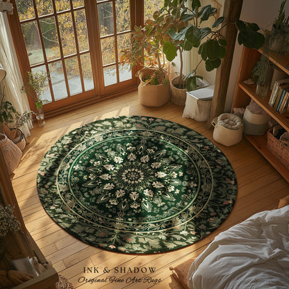 Mystic Dark Green Ornate Area Rug | Traditional Design Accent Rug Deep Emerald Living Room Baroque Gothic Dark Mystic Bedroom Decor Boho |