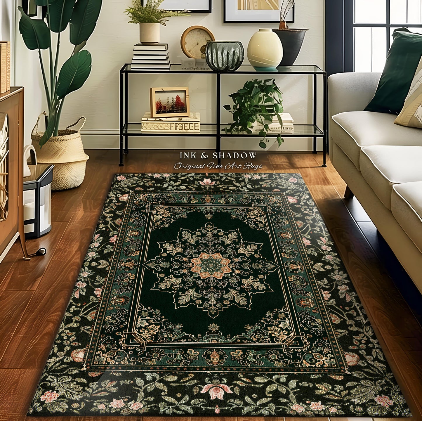 Witchy Bohemian Rustic Accent Rug | Enchanting Midnight Emerald Ornate Area Rug Traditional Art Deco Living Room Baroque Aesthetic Decor |