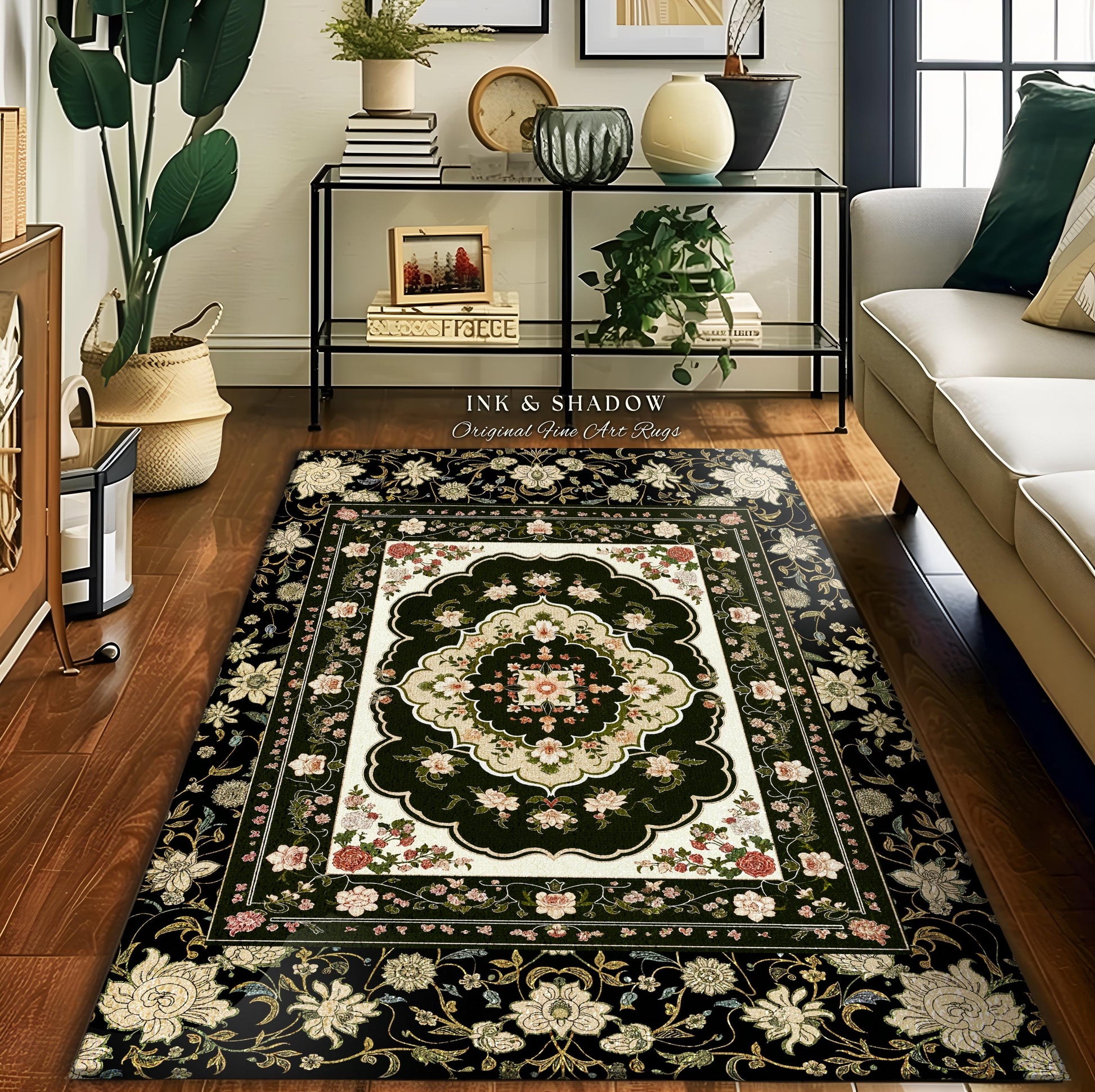 Dark Florals Romantic Baroque Rug | Gothic Revival Floor Accent Art Deco Lines Maximalist Study Witchy Home Decor Ornate Eclectic Style |