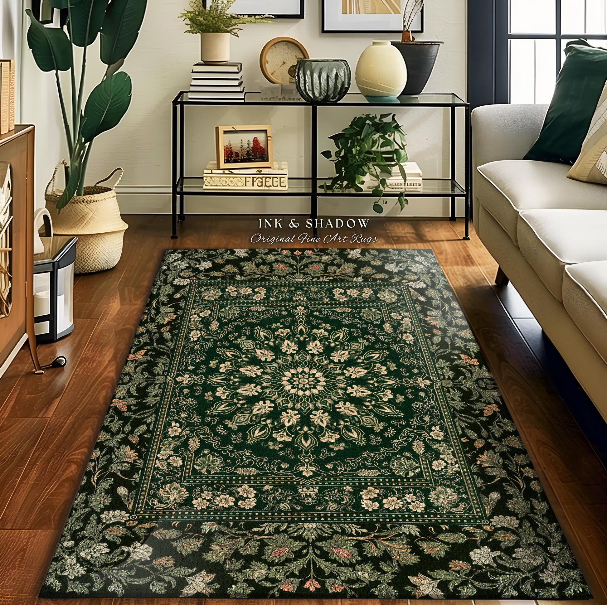 Mystic Dark Green Ornate Area Rug | Traditional Design Accent Rug Deep Emerald Living Room Baroque Gothic Dark Mystic Bedroom Decor Boho |