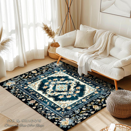 Timeless Aesthetic Pastel Gothic Area Rug | Dark Academia Baroque Teal Antique Ornamental Motif Romantic Victorian Light Blue Room Accent |