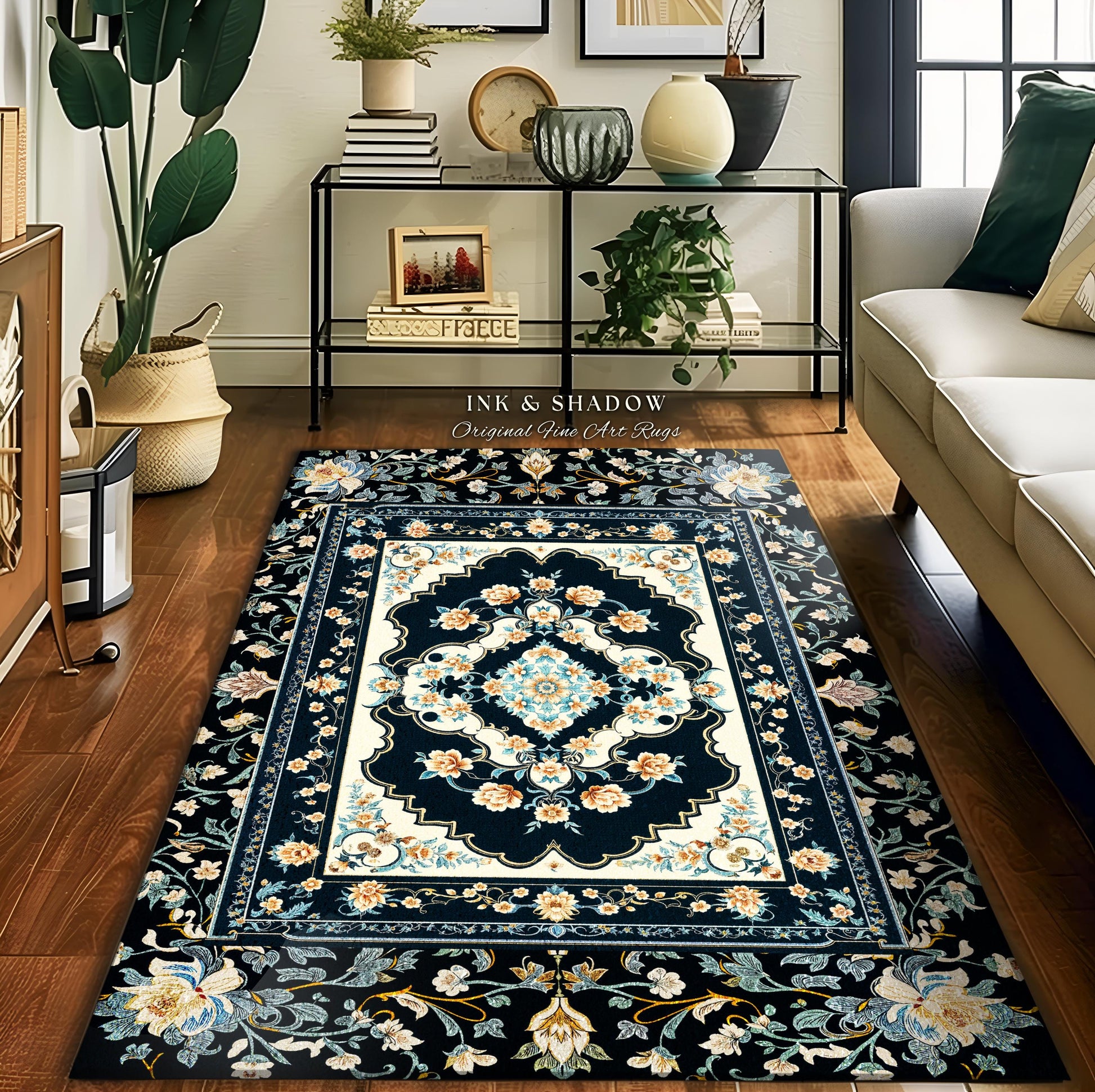 Timeless Aesthetic Pastel Gothic Area Rug | Dark Academia Baroque Teal Antique Ornamental Motif Romantic Victorian Light Blue Room Accent |