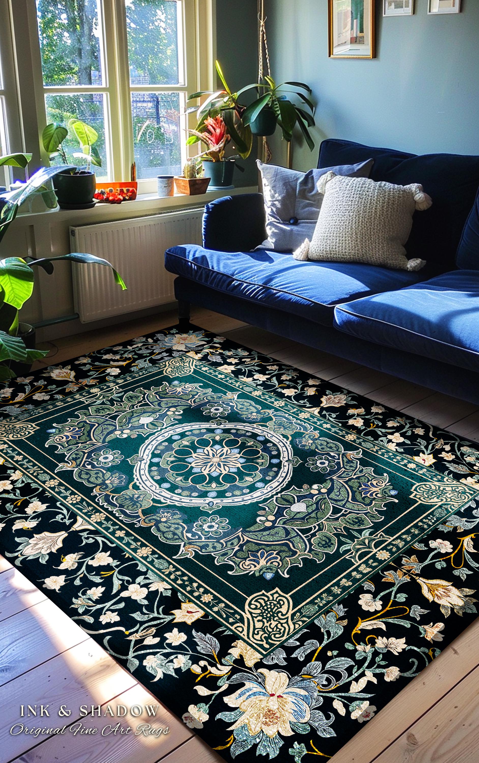Dark Enchanted Baroque Area Rug | Ornate Midnight Teal Art Deco Design Antique Gothic Home Decor Castlecore Maximalist Vintage Room Accent |