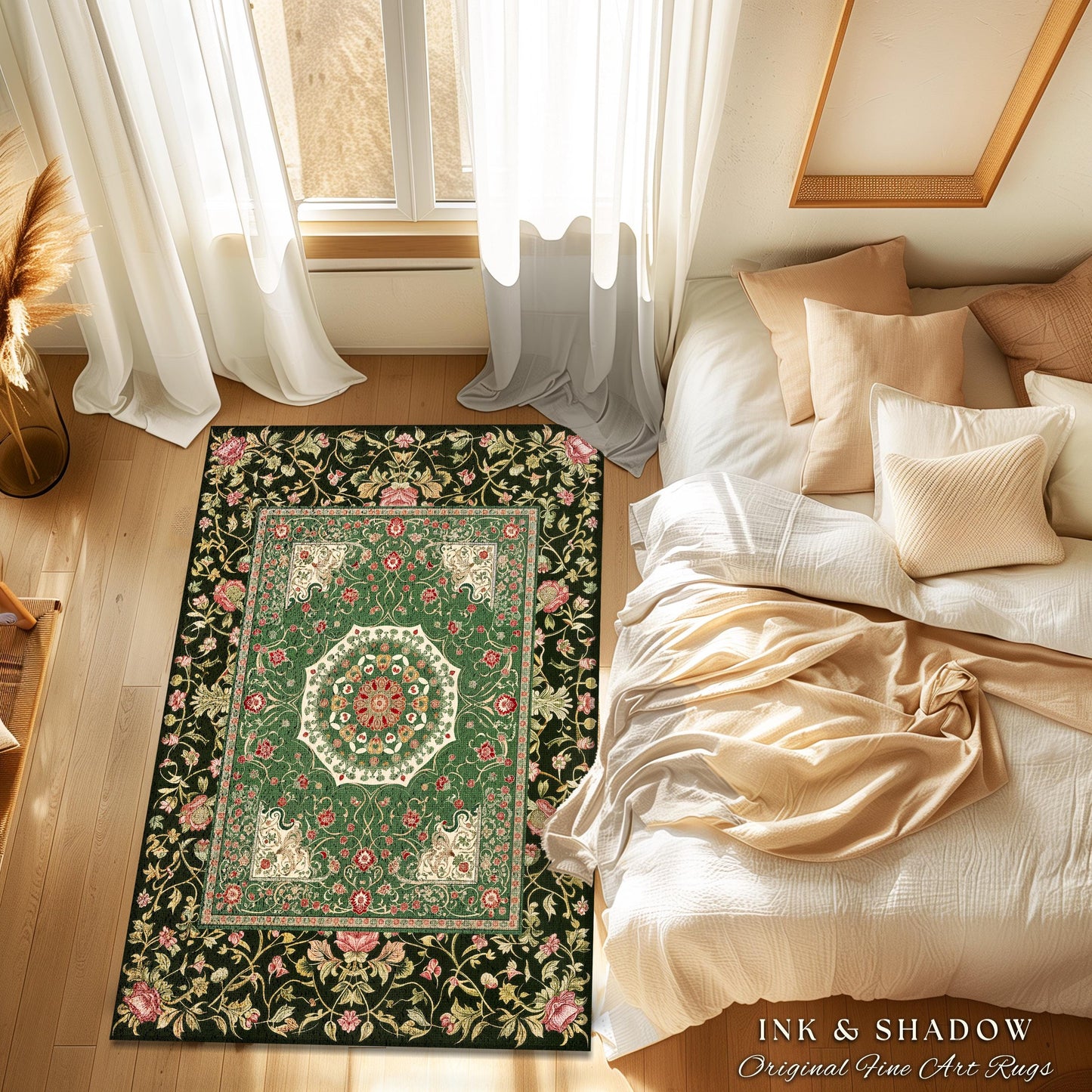 Jade Green Fairytale Gothic Area Rug | Baroque Motif Art Nouveau Flourish Antique-Inspired Decor Victorian Revival Maximalist Sage Green |