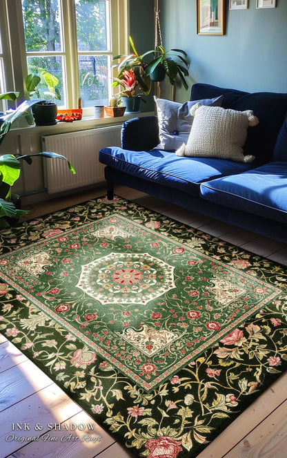 Jade Green Fairytale Gothic Area Rug | Baroque Motif Art Nouveau Flourish Antique-Inspired Decor Victorian Revival Maximalist Sage Green |