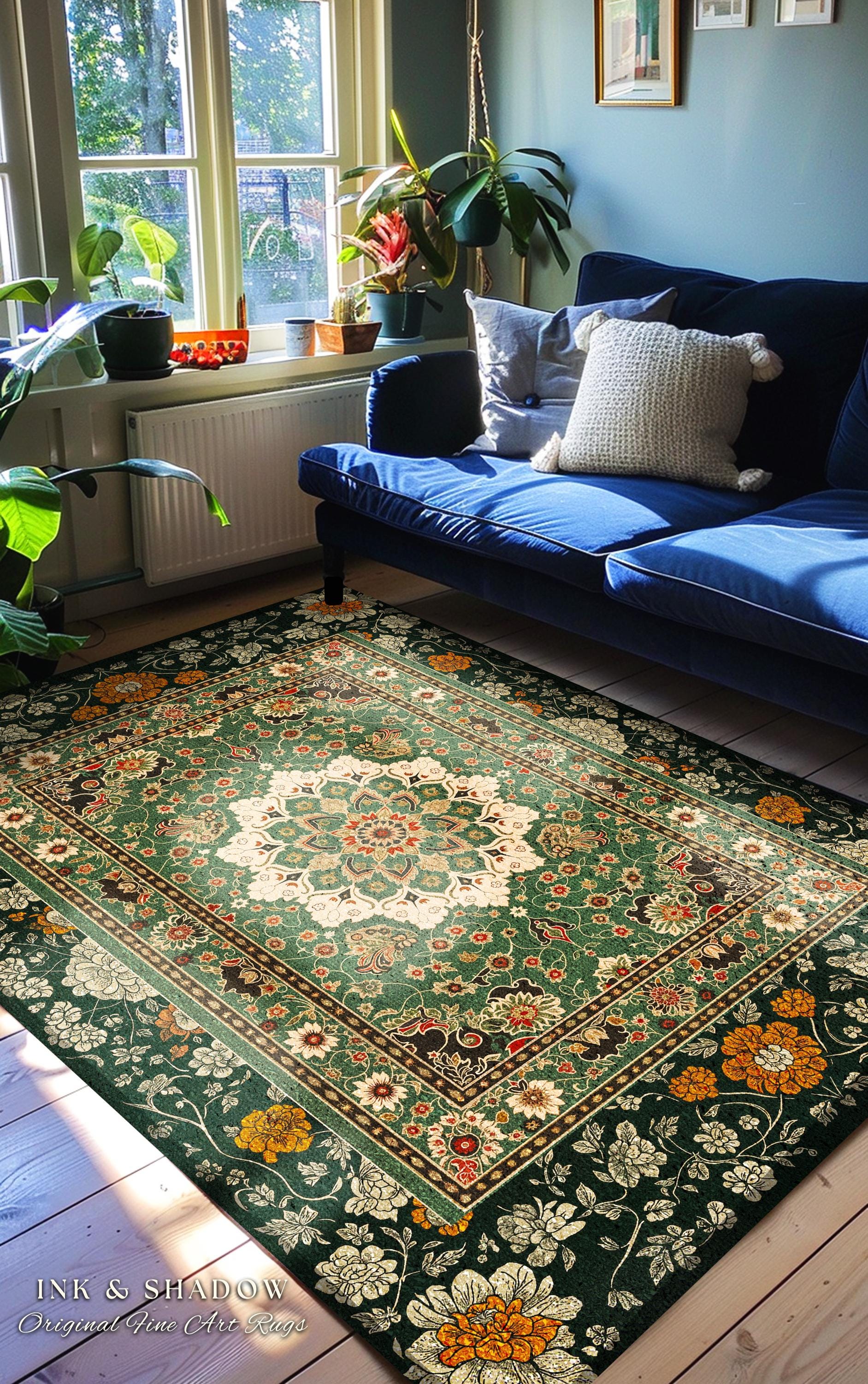 Aesthetic Sage Green Gothic Area Rug | Baroque Ornate Maximalist Design Antique Romance Art Nouveau Pattern Jade Green Victorian Influence