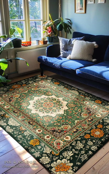 Aesthetic Sage Green Gothic Area Rug | Baroque Ornate Maximalist Design Antique Romance Art Nouveau Pattern Jade Green Victorian Influence