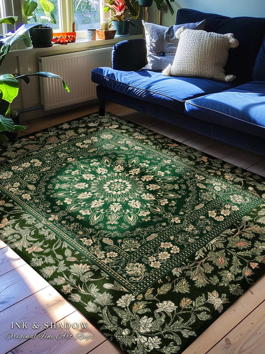 Mystic Dark Green Ornate Area Rug | Traditional Design Accent Rug Deep Emerald Living Room Baroque Gothic Dark Mystic Bedroom Decor Boho |
