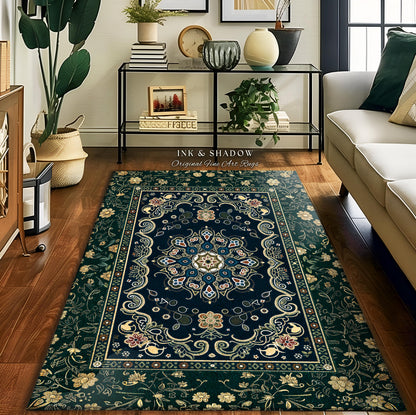 Whimsical Emerald Teal Gothic Accent Rug | Ornate Baroque Design Dark Academia Decor Art Deco Boho Maximalist Bedroom Rug Ethereal Style |