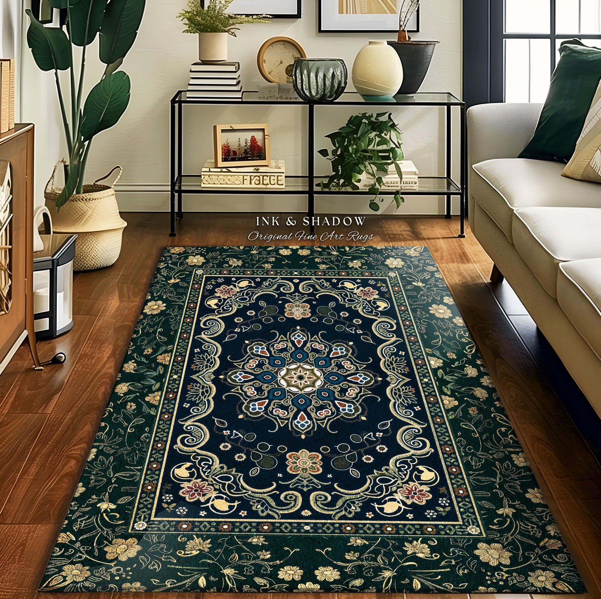 Whimsical Emerald Teal Gothic Accent Rug | Ornate Baroque Design Dark Academia Decor Art Deco Boho Maximalist Bedroom Rug Ethereal Style |
