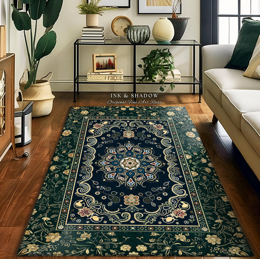 Whimsical Emerald Teal Gothic Accent Rug | Ornate Baroque Design Dark Academia Decor Art Deco Boho Maximalist Bedroom Rug Ethereal Style |