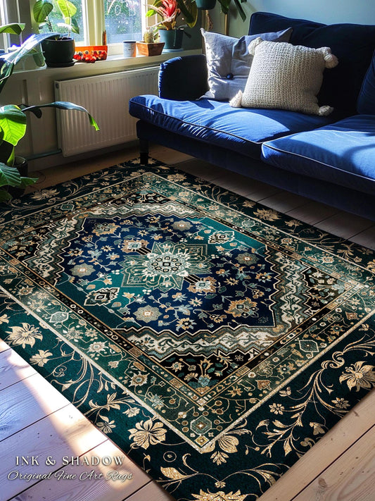 Victorian Baroque Area Rug | Midnight Emerald Ornate Design Gothic Art Deco Boho Accent Dark Academia Maximalist Home Statement Piece Witchy
