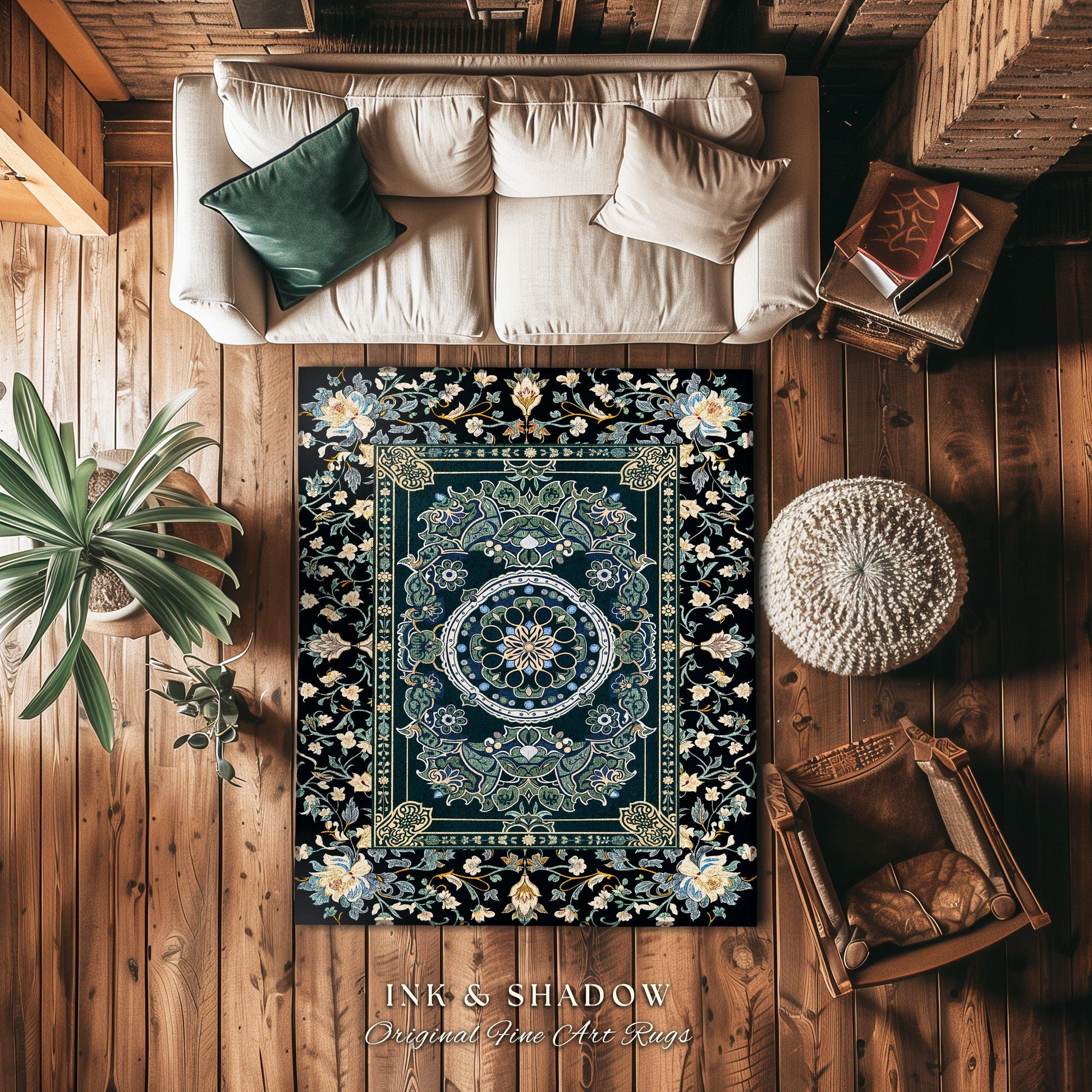 Dark Enchanted Baroque Area Rug | Ornate Midnight Teal Art Deco Design Antique Gothic Home Decor Castlecore Maximalist Vintage Room Accent |