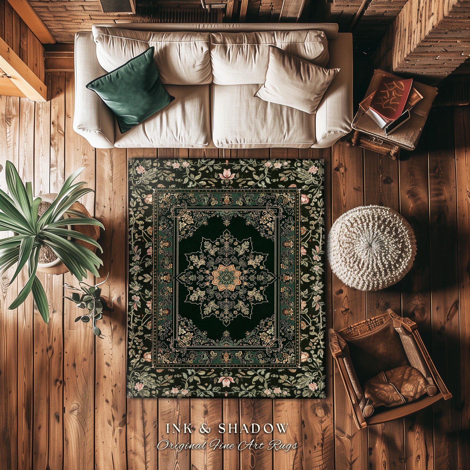 Witchy Bohemian Rustic Accent Rug | Enchanting Midnight Emerald Ornate Area Rug Traditional Art Deco Living Room Baroque Aesthetic Decor |