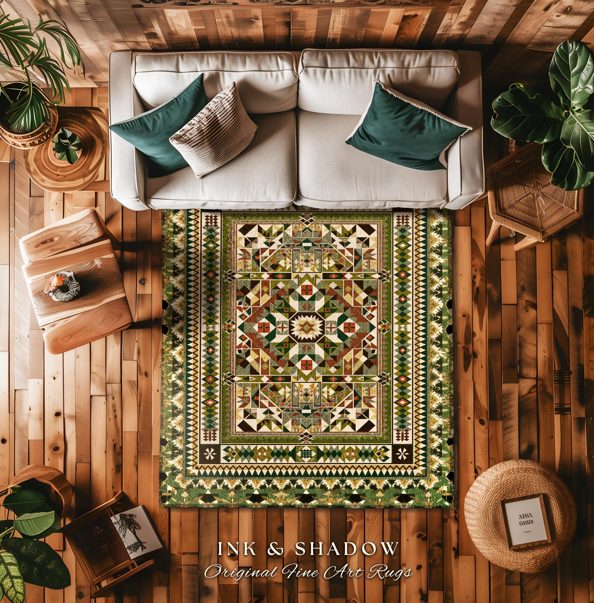 Natural Toned Geometric Area Rug | Warm Midcentury Styling Boho Accent Earth Palette Muted Color Interior Design Nordic Aesthetic Bohemian |