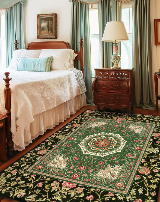 Jade Green Fairytale Gothic Area Rug | Baroque Motif Art Nouveau Flourish Antique-Inspired Decor Victorian Revival Maximalist Sage Green |