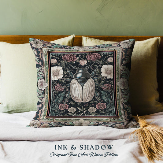 Victorian Gothic Floral Beetle Pillow Vintage Dark Botanical Bug Decor | Macabre Whimsigothic Enchanted Forest Cushion Wildflower Insect Art