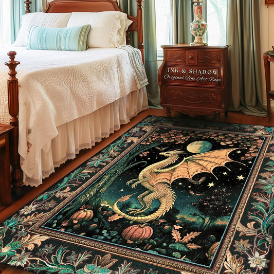 Witchy Whimsigothic Enchanted Night Moonlit Mystic Dragon Rug Celestial Fairytale Home Accent Carpet, Mythical Fantasy Forestcore Art Decor
