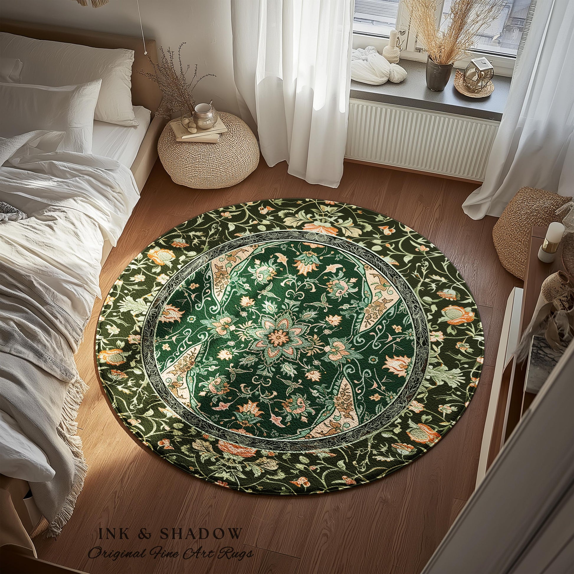 Elegant Sea Green Round Area Rug | Classic Ornate Statement Rug with Fine Emerald Green Detail Peachy Accent Bohemian Aesthetic for Bedroom