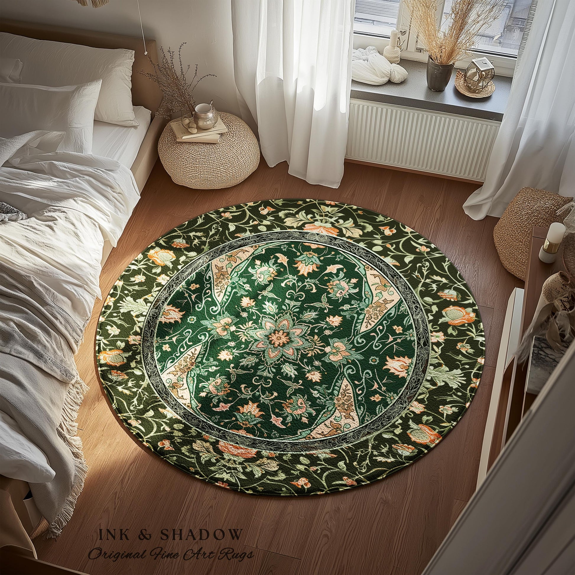 Elegant Sea Green Round Area Rug | Classic Ornate Statement Rug with Fine Emerald Green Detail Peachy Accent Bohemian Aesthetic for Bedroom