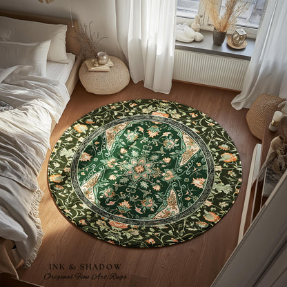 Elegant Sea Green Round Area Rug | Classic Ornate Statement Rug with Fine Emerald Green Detail Peachy Accent Bohemian Aesthetic for Bedroom