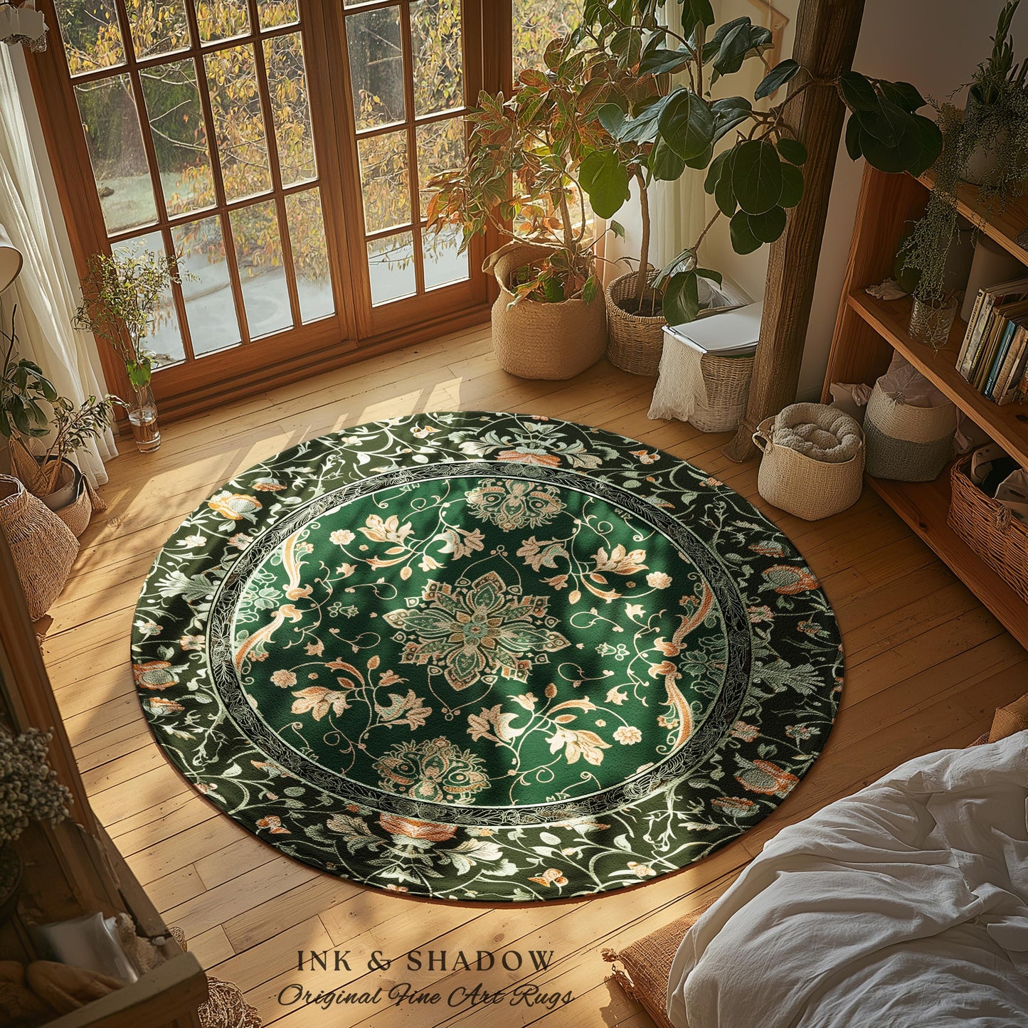 Mystic Cottagecore Round Accent Rug | Hippie Rug with Emerald Green Detail Beige Boho Aesthetic for Housewarming Gift Vibrant Colors Decor