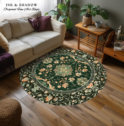 Mystic Cottagecore Round Accent Rug | Hippie Rug with Emerald Green Detail Beige Boho Aesthetic for Housewarming Gift Vibrant Colors Decor