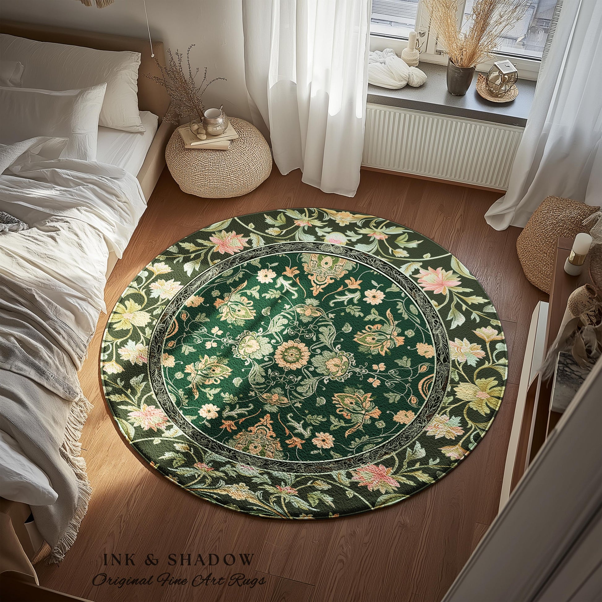 Ornate Emerald Green Round Accent Rug | Bohemian Style Cottagecore Area Rug Hippie Aesthetic Forest Green Detail Vibrant Color Bedroom Decor