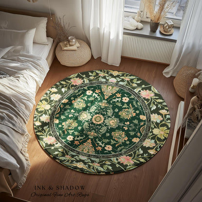 Ornate Emerald Green Round Accent Rug | Bohemian Style Cottagecore Area Rug Hippie Aesthetic Forest Green Detail Vibrant Color Bedroom Decor