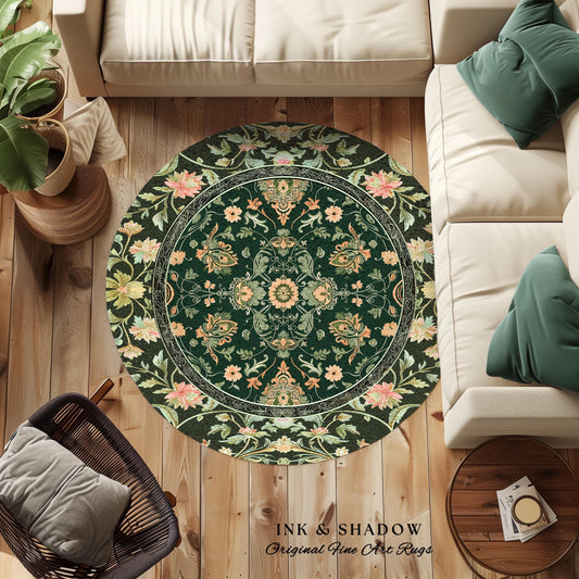 Ornate Emerald Green Round Accent Rug | Bohemian Style Cottagecore Area Rug Hippie Aesthetic Forest Green Detail Vibrant Color Bedroom Decor