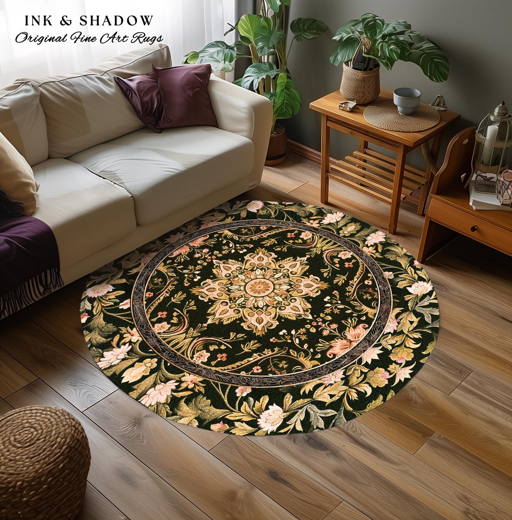 Pastel Botanicals Elegant Round Area Rug | Bohemian Ornate Cottagecore Baroque Home Accent Rug Whimsical Bohemian Floral Elegance Art Deco