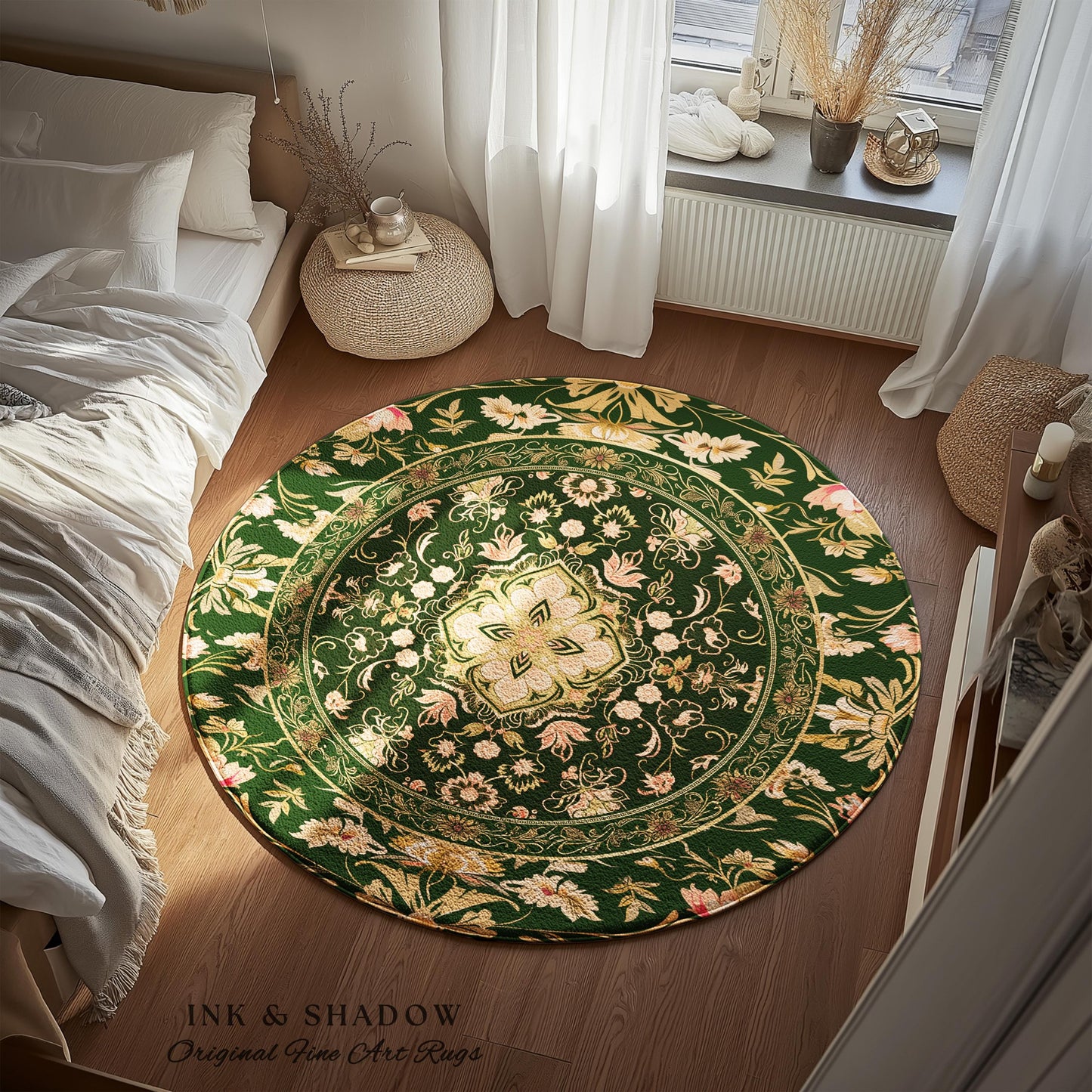 Mystic Florals Boho Pastel Round Accent Rug | Whimsical Cottagecore Dark Academia Baroque Home Accent Rug Bohemian Decor Peach Colors Decor