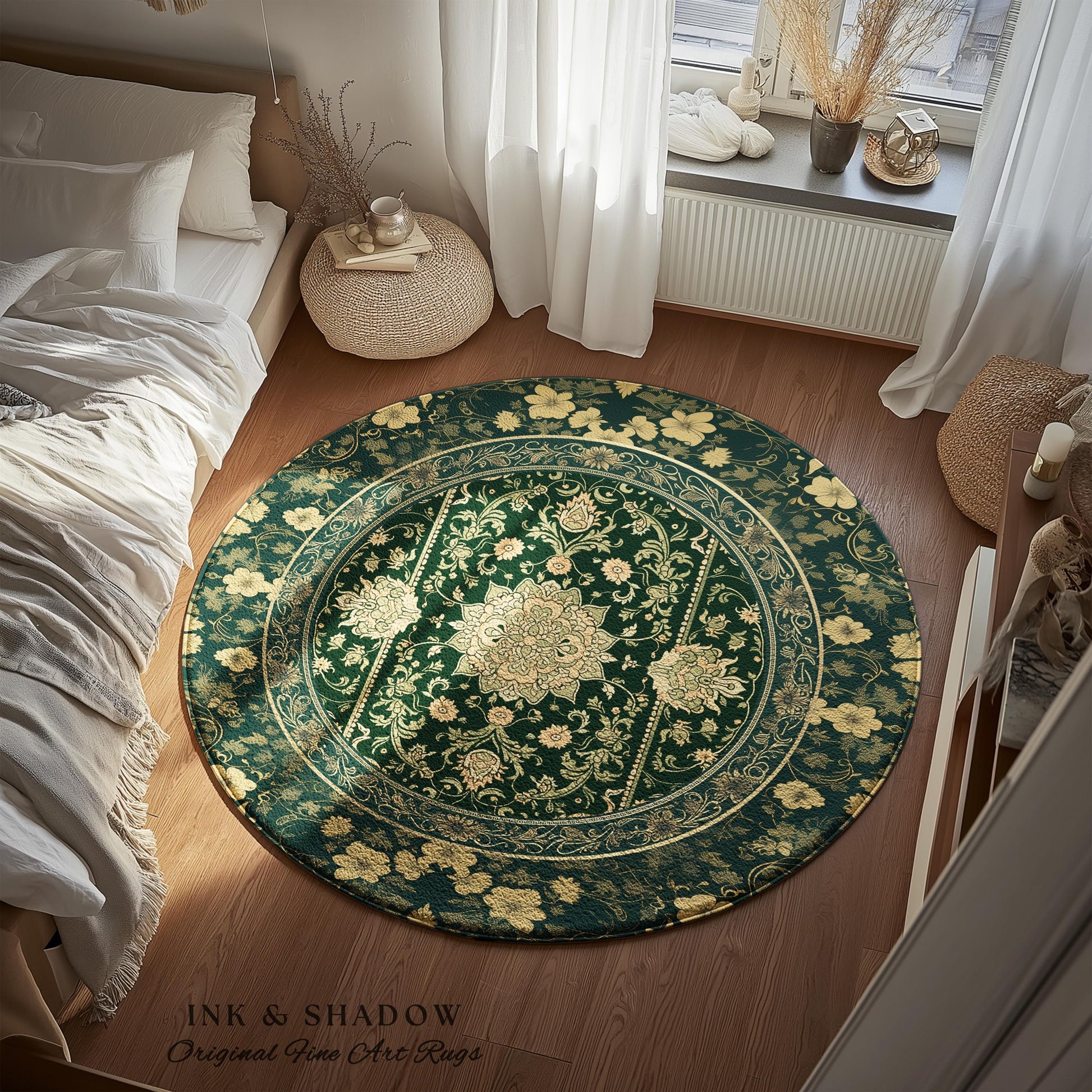 Victorian Botanical Medallion Emerald Green Rug Antique Rose Gold Floral Art Nuevo Accents, Vintage Cottagecore Elegant Persian Home Charm