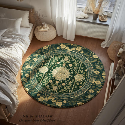 Victorian Botanical Medallion Emerald Green Rug Antique Rose Gold Floral Art Nuevo Accents, Vintage Cottagecore Elegant Persian Home Charm