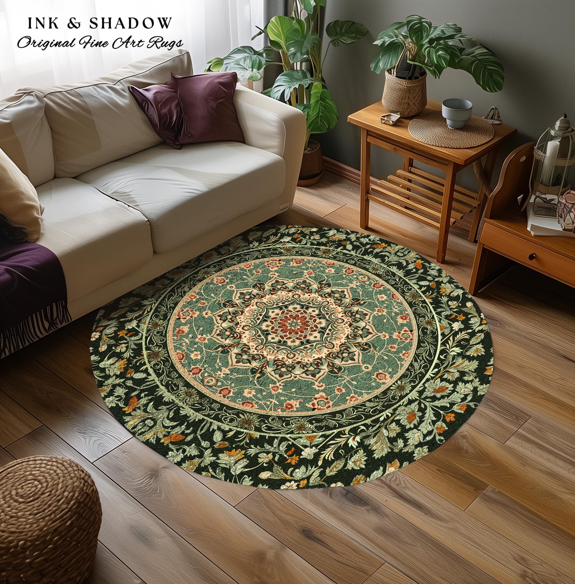 Folklore Aesthetic Living Room Rug | Classic Ornate Victorian Rug with Seafoam Green Detail Accent Bohemian Aesthetic for Cozy Reading Nook