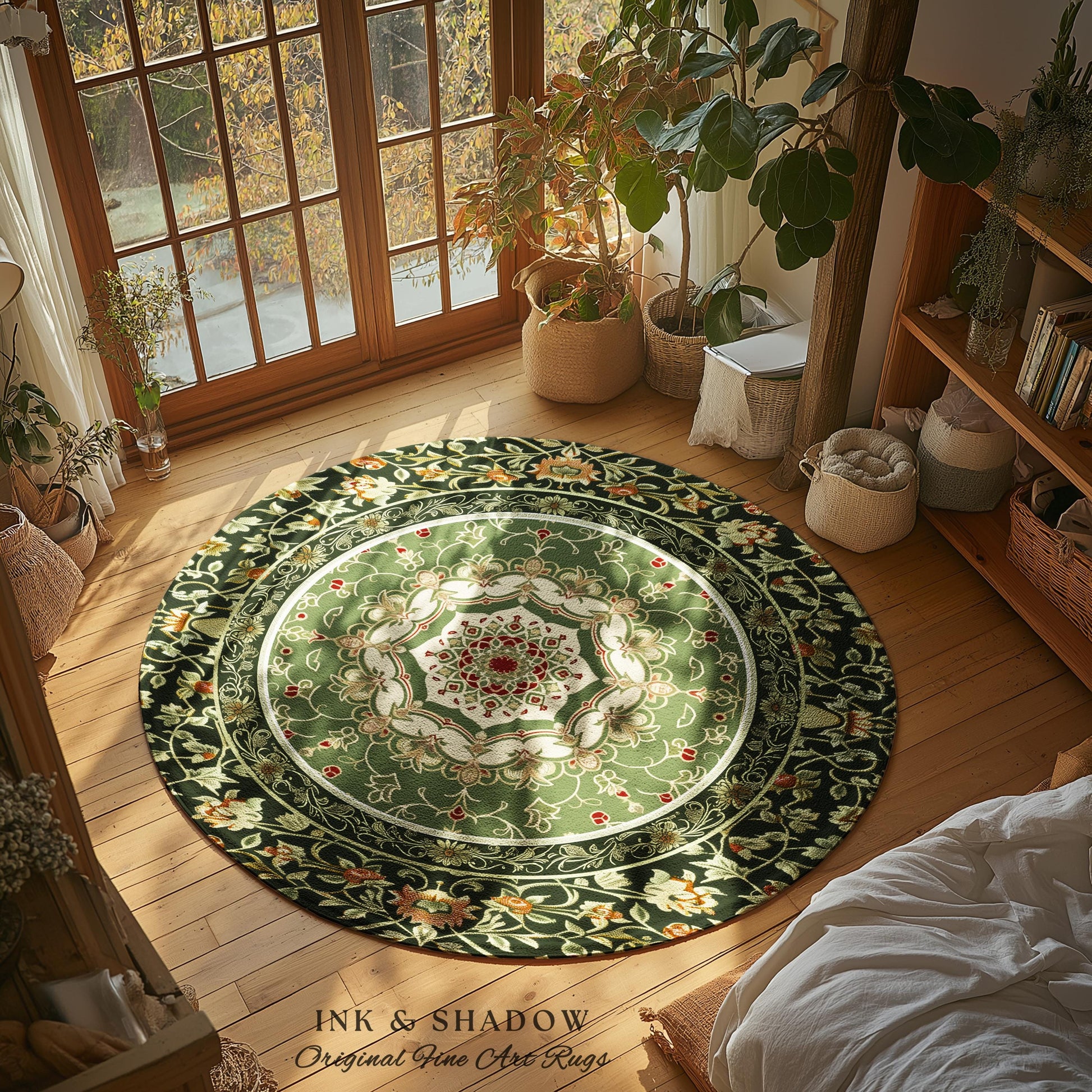 Boho Olive Green Round Floor Rug | Classic Ornate Victorian Rug With Sage Green Detail Accent Bohemian Aesthetic For Cozy Reading Nook Boho