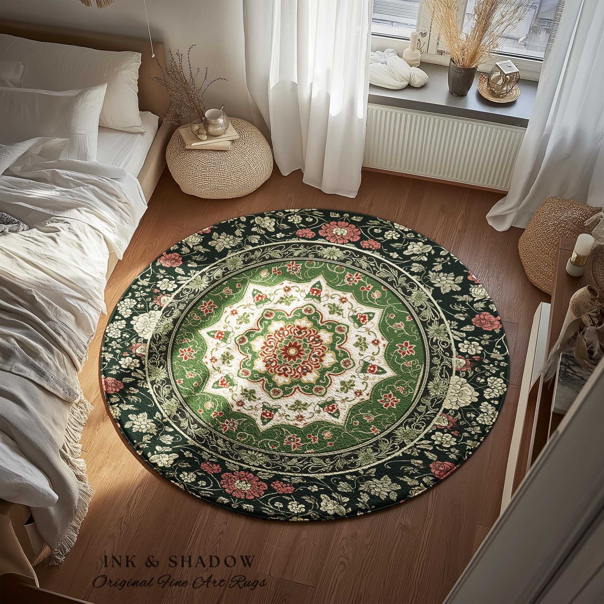 Jade Green Round Statement Rug | Classic Ornate Victorian Rug with Green Detail Peachy Accent Bohemian Aesthetic for Cozy Reading Nook Boho