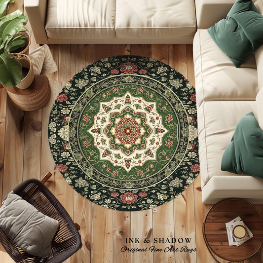 Jade Green Round Statement Rug | Classic Ornate Victorian Rug with Green Detail Peachy Accent Bohemian Aesthetic for Cozy Reading Nook Boho