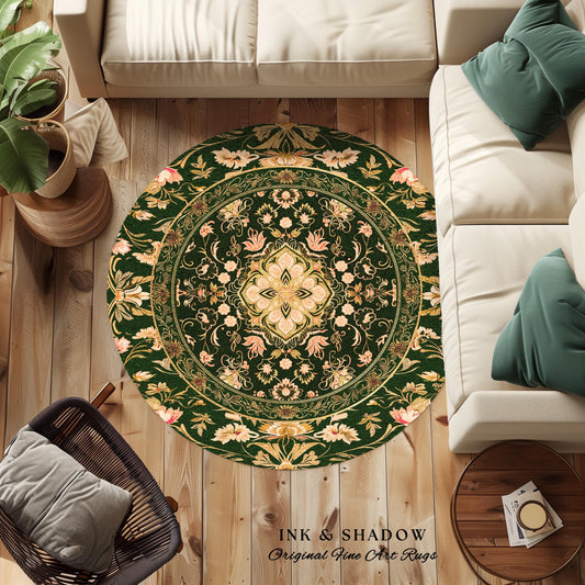 Mystic Florals Boho Pastel Round Accent Rug | Whimsical Cottagecore Dark Academia Baroque Home Accent Rug Bohemian Decor Peach Colors Decor