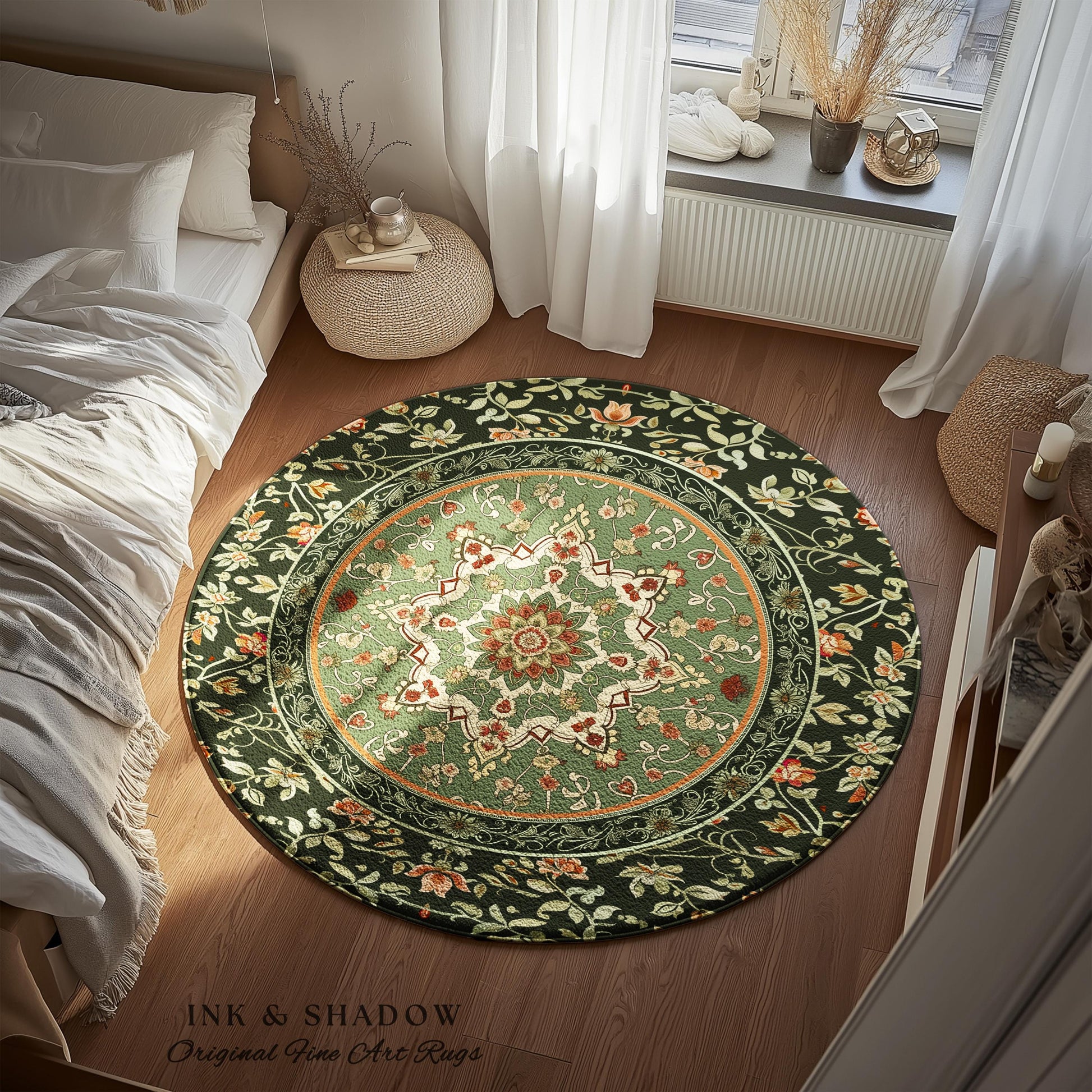 Ornate Floral Medallion Sage Green Round Rug Antique Persian Style Ethereal Botanical Elegance, Vintage Victorian Gothic Cottagecore Unique