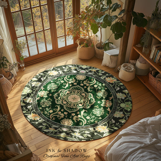 Emerald Round Accent Rug for Living Room | Classic Ornate Statement Rug with Green Detail Peachy Accent Bohemian Aesthetic Cozy Reading Nook
