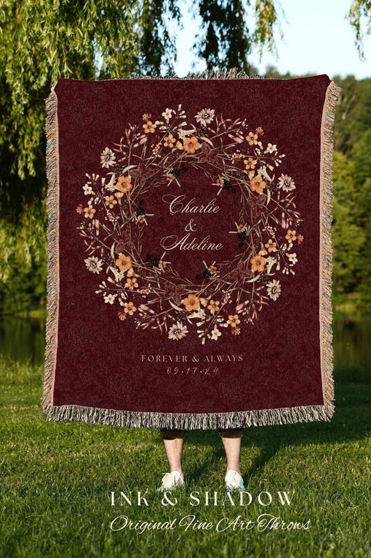 Cottagecore Wedding Tapestry | Personalized Last Name Gift Blanket Wedding Monogram Custom Anniversary His and Hers Initials Tapestry Custom