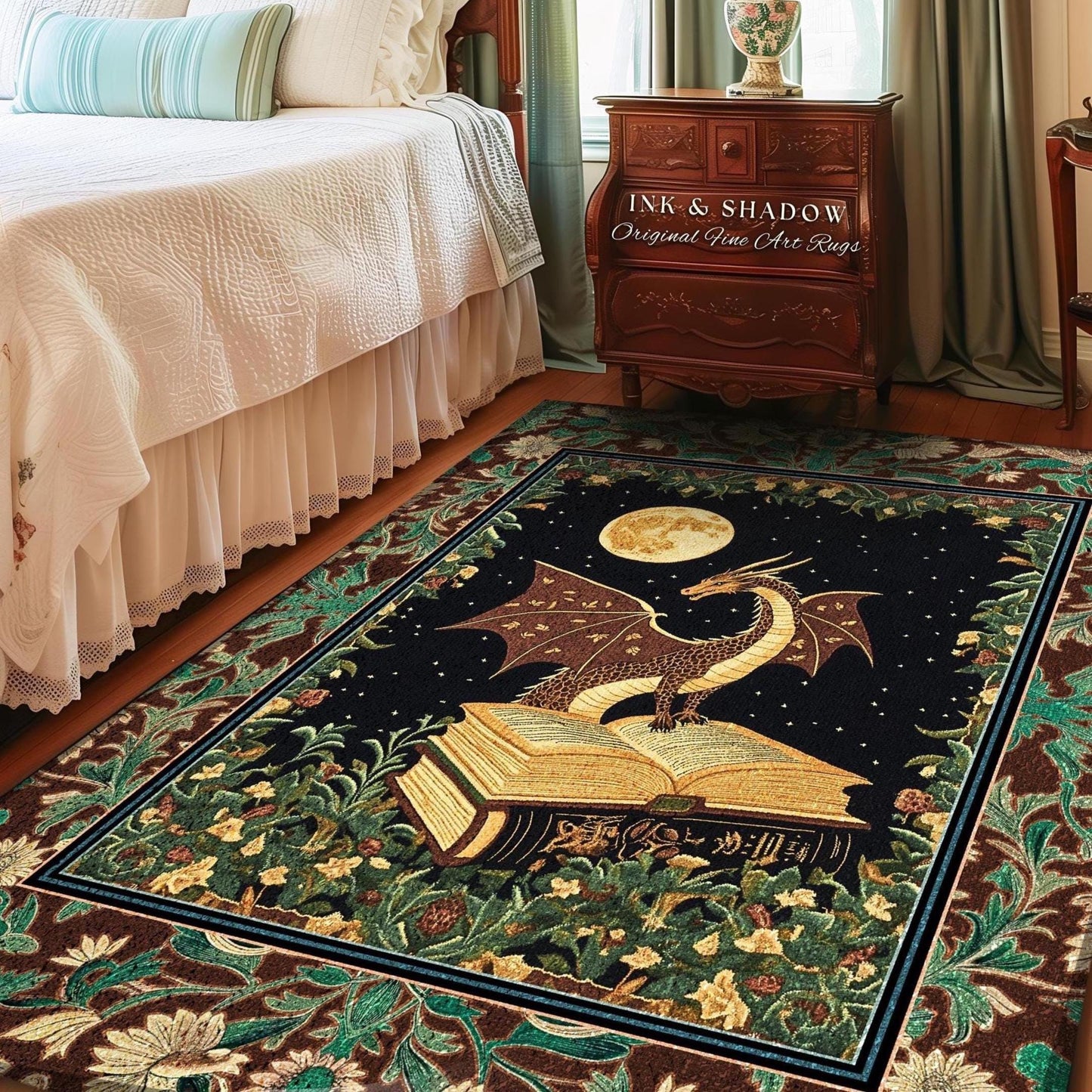Ethereal Moonlight Storybook Dragon Rug | Whimsical Folklore Accent Rug Whimsical Mysticism Aesthetic Folklore Dark Cottagecore Reader Decor