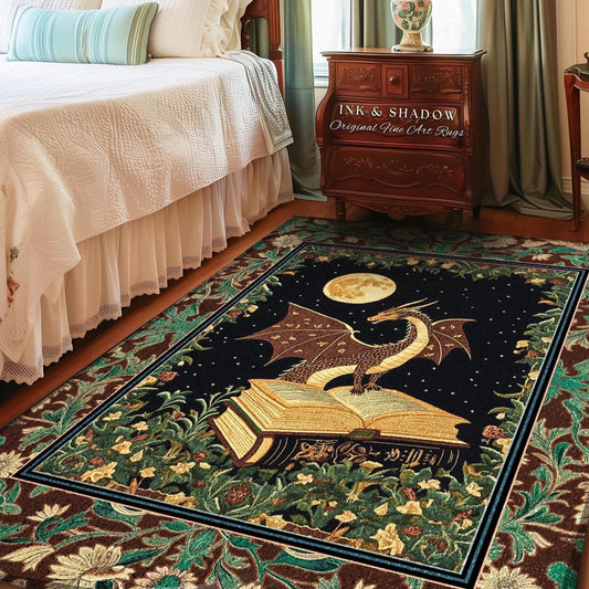 Ethereal Moonlight Storybook Dragon Rug | Whimsical Folklore Accent Rug Whimsical Mysticism Aesthetic Folklore Dark Cottagecore Reader Decor